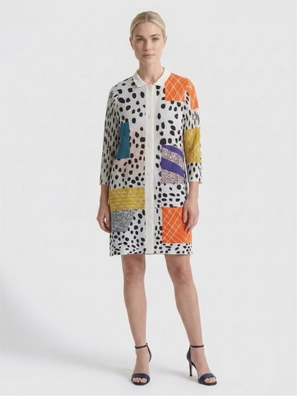 PRINTED PATCHWORK PLEATED BUTTON DOWN DRESS, XL